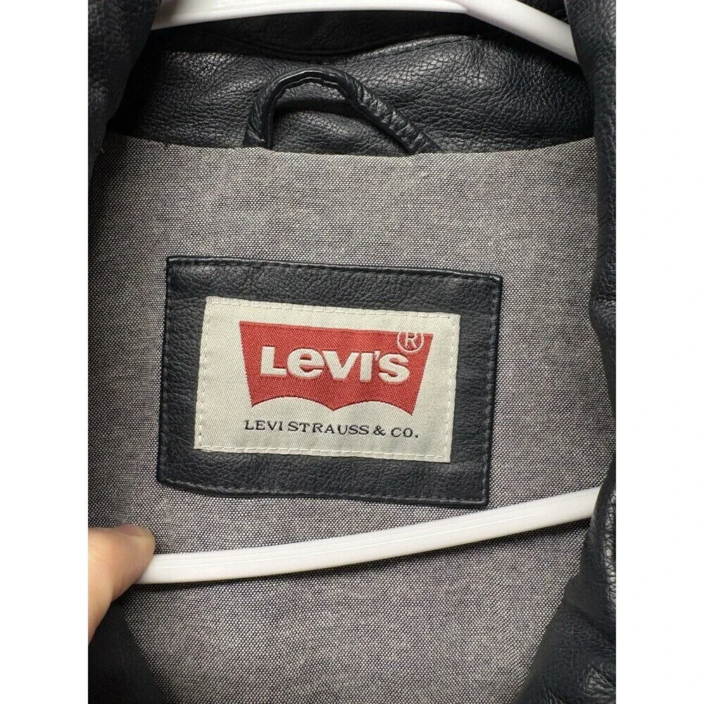 Levi's® Mens Dark Blue Faux Leather Midweight Trucker Jacket Size Large Biker
